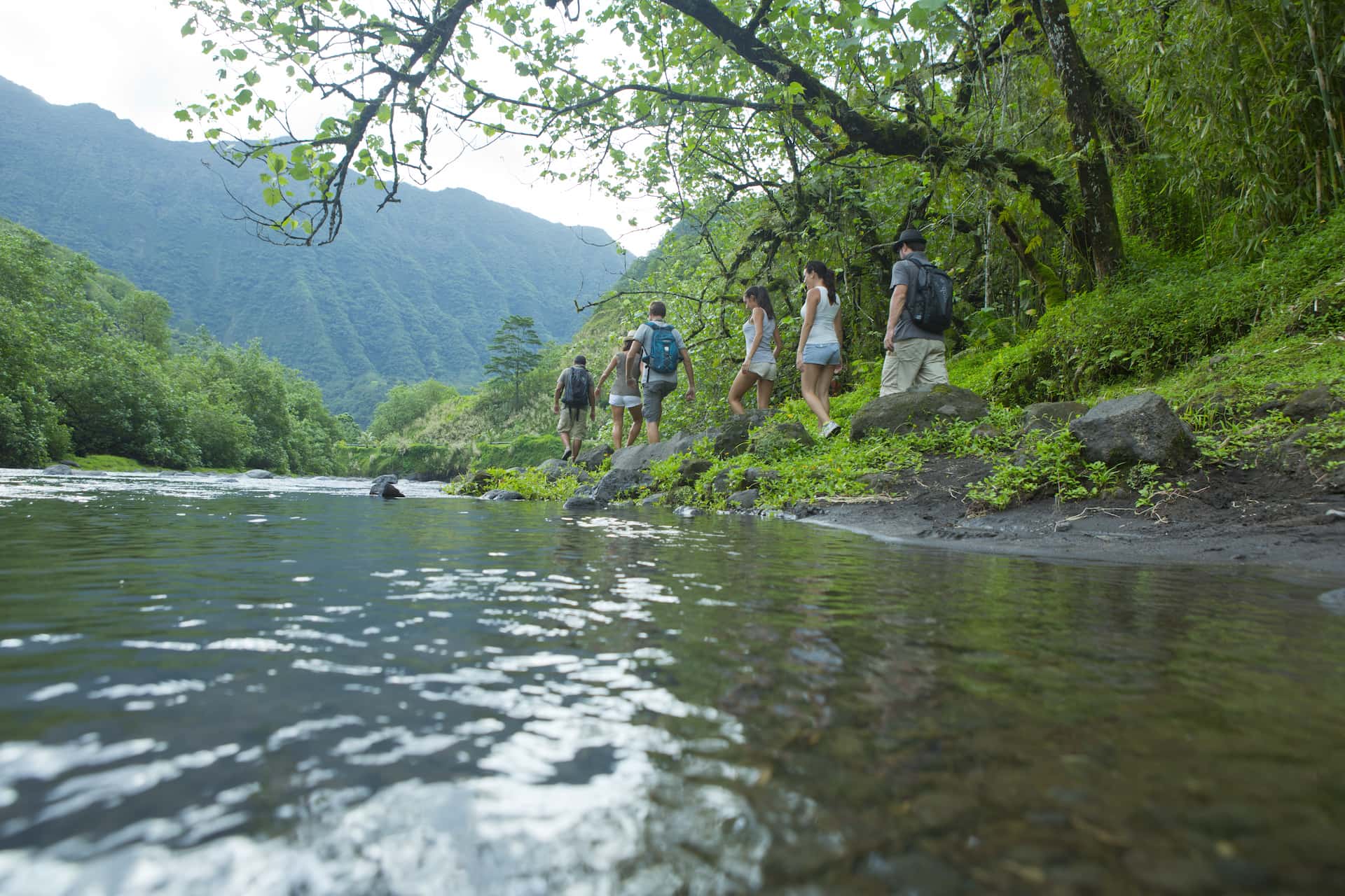 groupe de six randonneurs marchant le long d'une rivière dans la vallée de la papenoo à Tahiti. Montagne verte en arrière plan. Randonnée et Aventure en Polynésie : Les Meilleurs Sentiers et Conseils de Sécurité