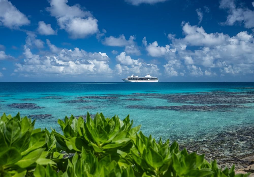 Croisière Paul Gauguin – Ponant - vue sur le lagon et le paquebot au loin dans le lagon de Fakarava.